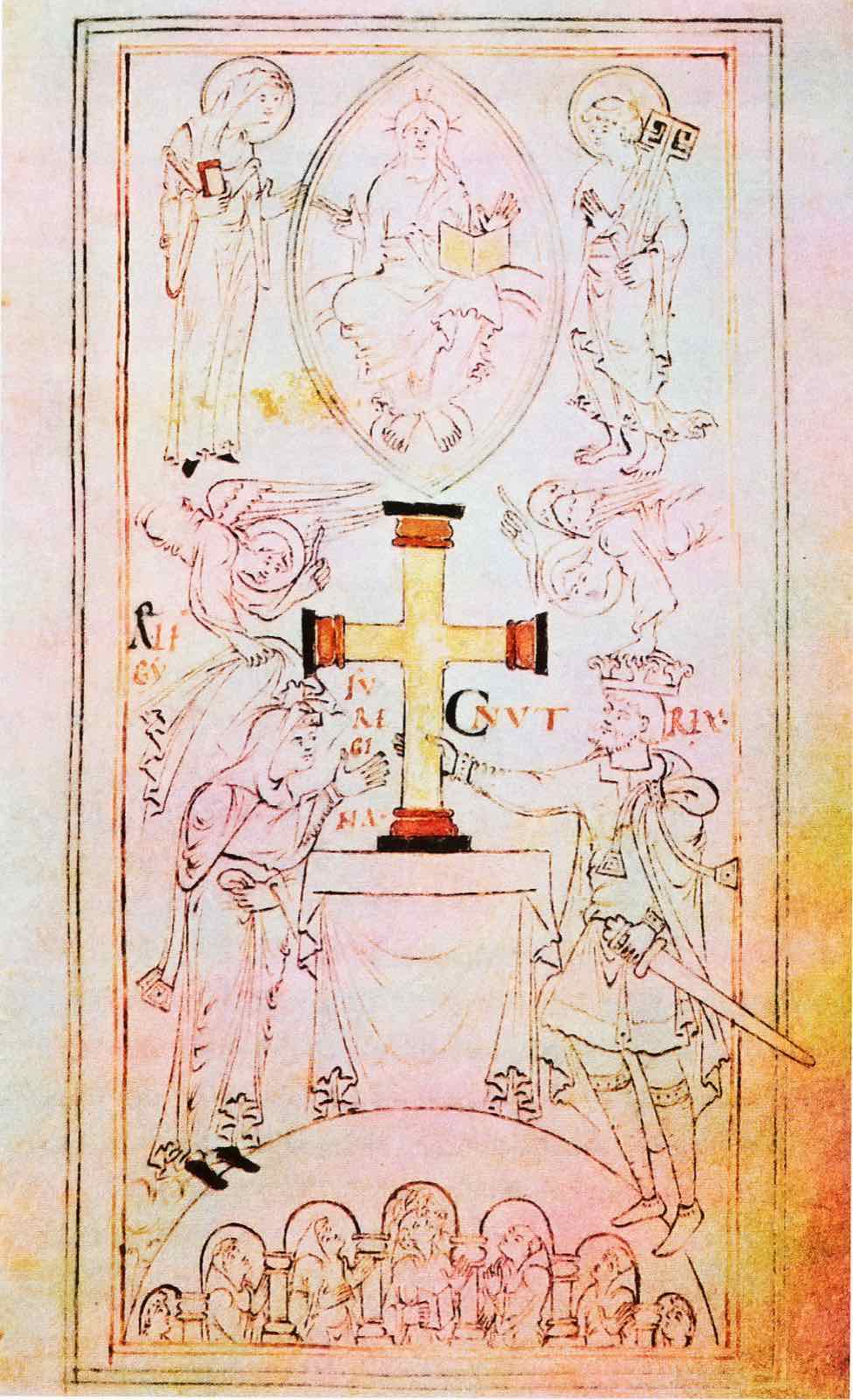 Miniatura medievale: re Canuto e la sua regina pongono una croce d'oro su un altare, con angeli e Cristo in alto
