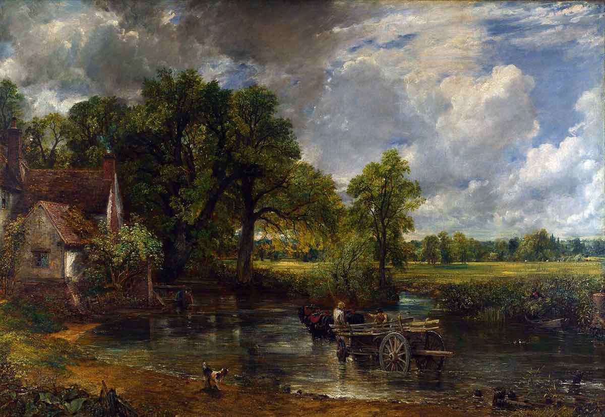 Il dipinto di Constable The Hay Wain: un cavallo e un carro fermi in un fiume poco profondo, una casa colonica a sinistra e grandi nuvole nel cielo