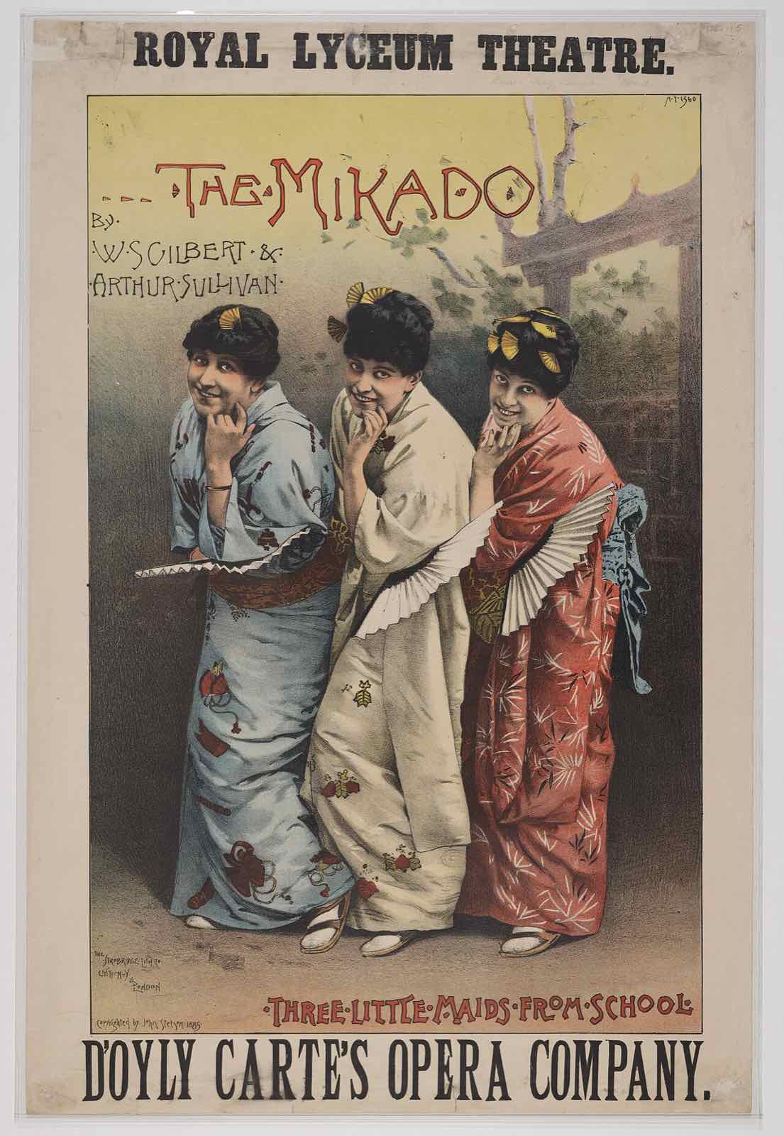 Un colorato manifesto del 1885 per The Mikado con tre sorelle dell'opera in kimono