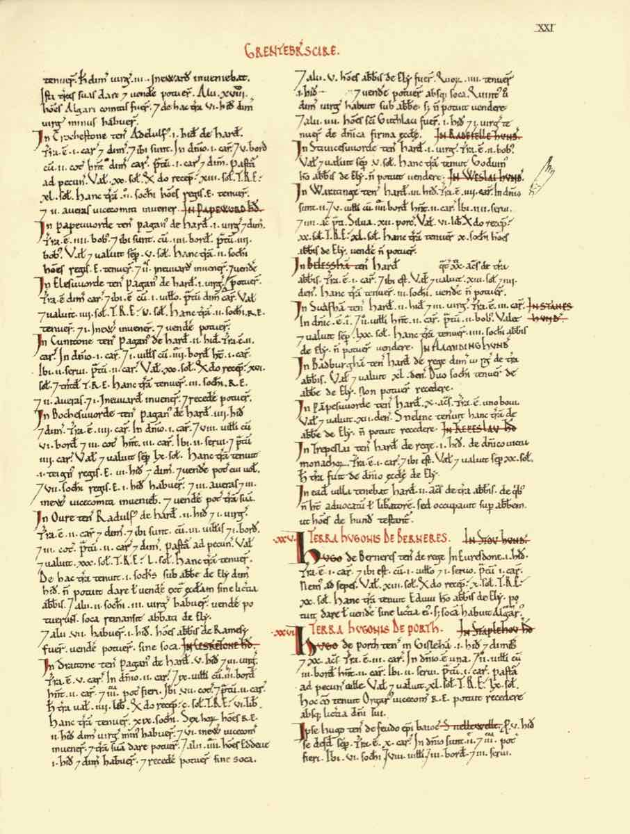 Una pagina manoscritta in latino del Domesday Book per il Cambridgeshire