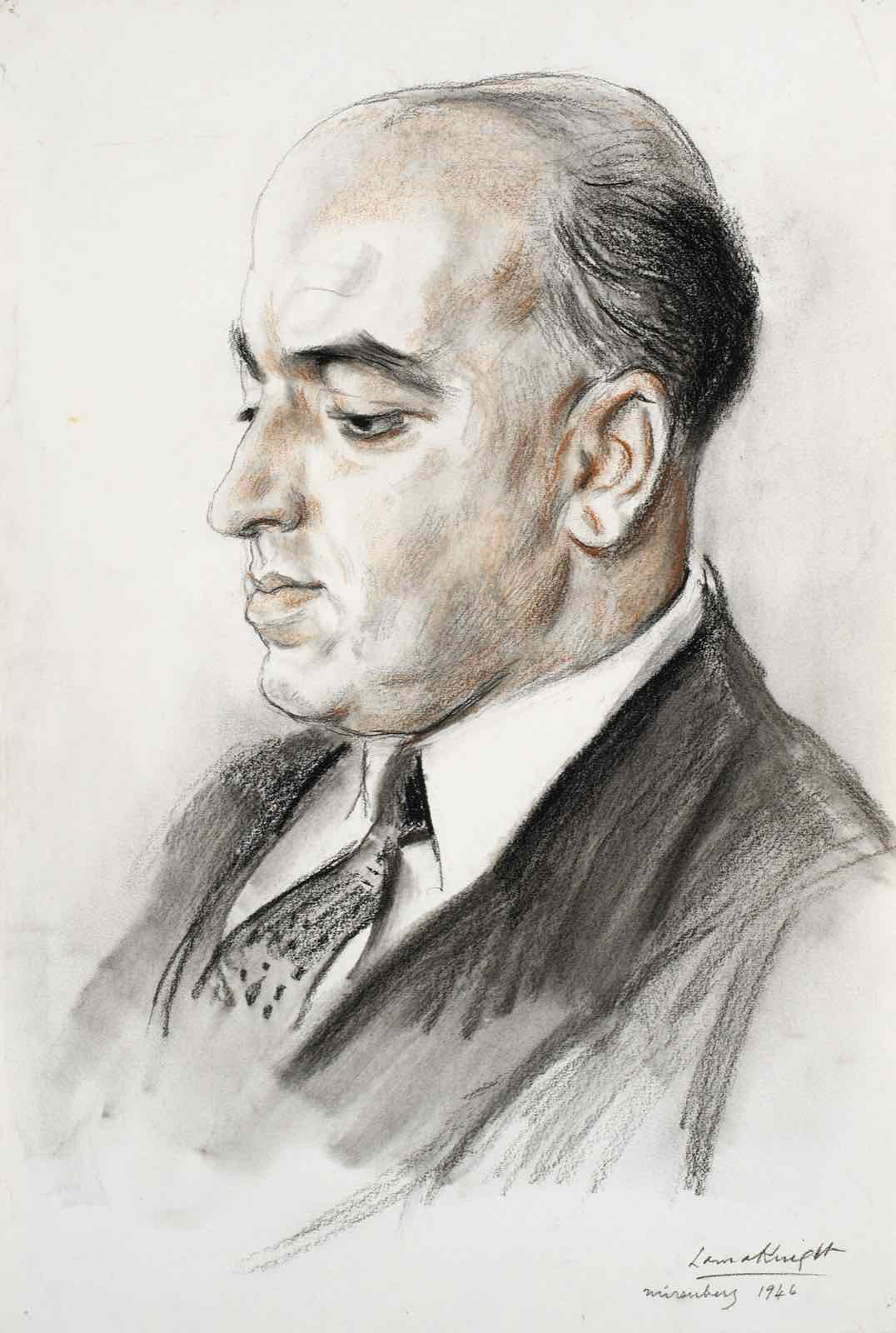 Disegno a matita: testa e spalle di David Maxwell Fyfe, con la testa leggermente girata verso sinistra