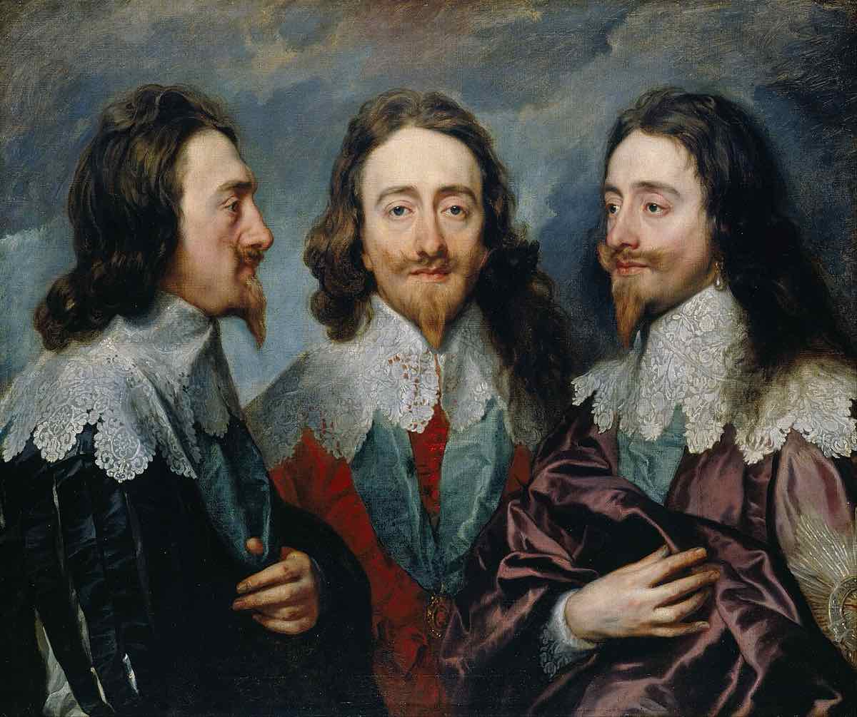 Potrójny portret Karola I pędzla van Dycka: ta sama twarz widziana z lewej strony, z przodu i z prawej strony na jednym obrazie