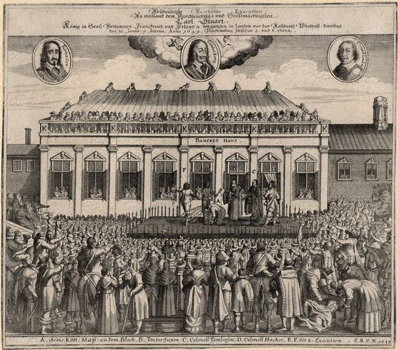 Rycina: szafot przed Banqueting House w Whitehall w Londynie; kat unosi głowę Karola I nad tłumem
