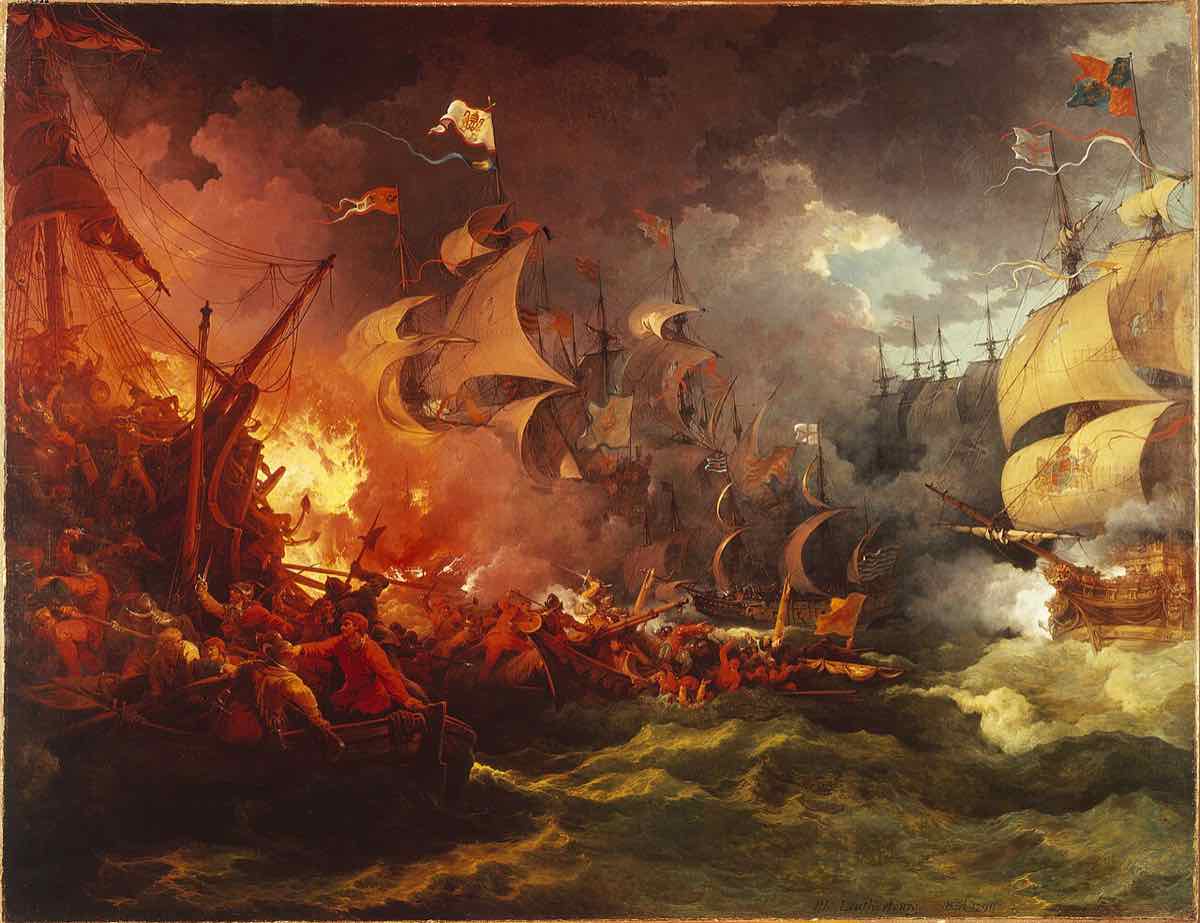 Dipinto a olio: velieri inglesi e spagnoli che combattono a distanza ravvicinata su un mare pieno di fumo