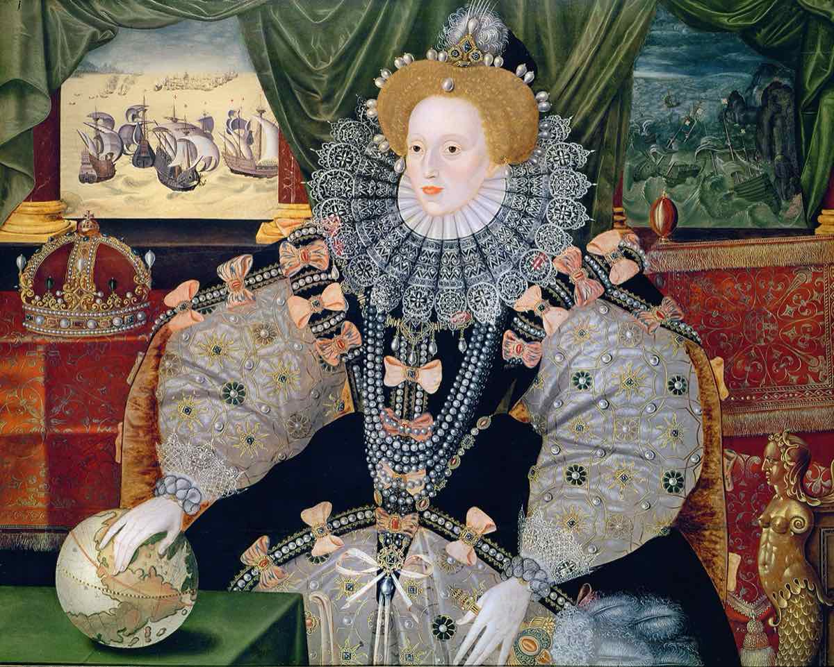 Il Ritratto dell'Armada di Elisabetta I: la regina in un abito coperto di perle, con la mano su un globo; due finestre alle sue spalle mostrano la flotta inglese e la flotta spagnola che affonda