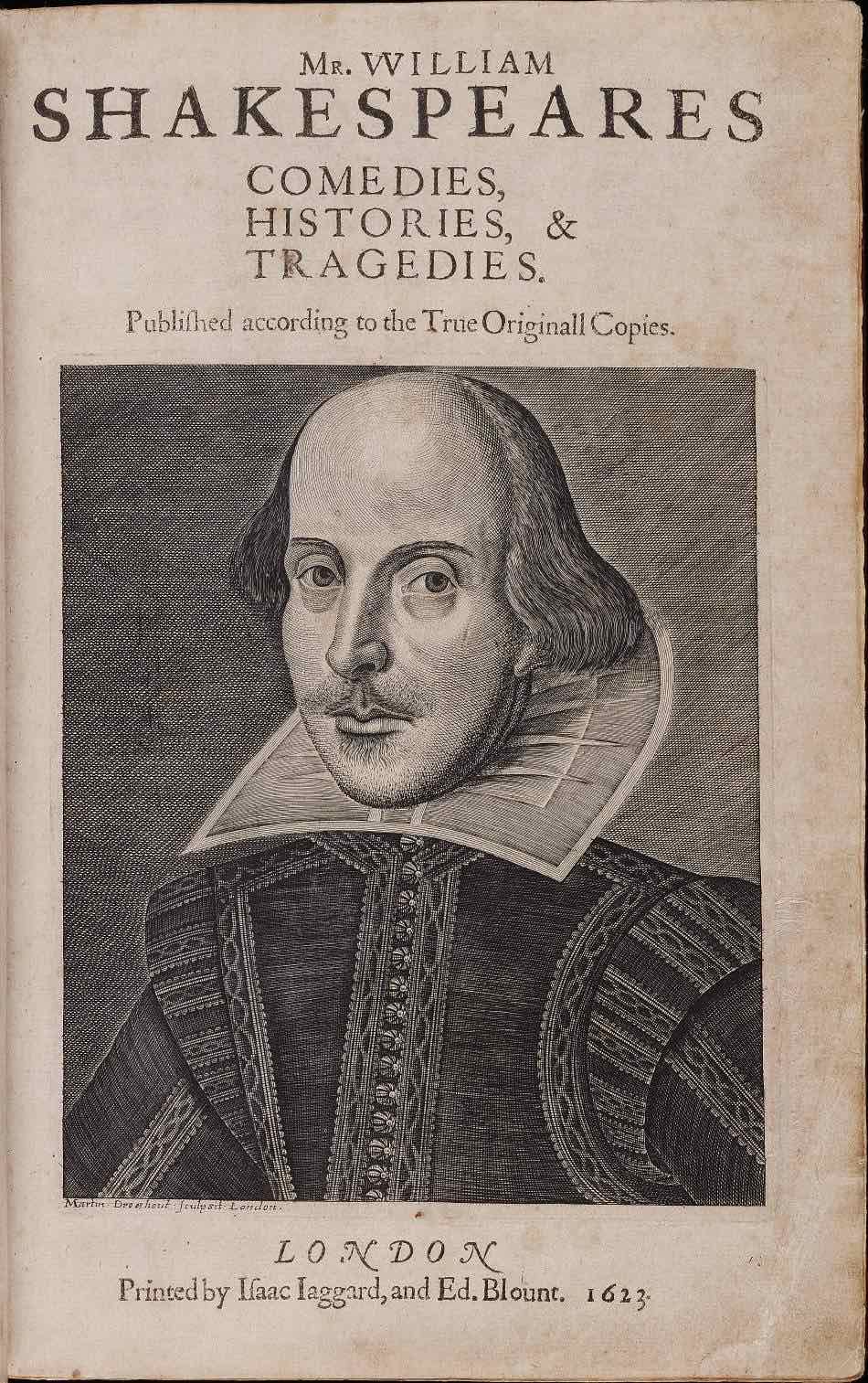 Frontespizio del First Folio di Shakespeare del 1623, con un ritratto inciso di Shakespeare
